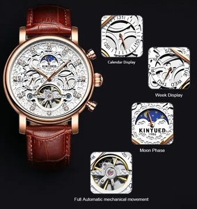 Envío Directo, Reloj Mecánico para Hombre KINYUED, Movimiento Automático, Correa de Cuero, Hebilla Doble de Mariposa, Moda de Lujo, Venta al Por Mayor - Product Image 4