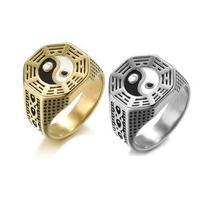 Bague Personnalisable en Acier Inoxydable pour Homme Yin <span class=keywords><strong>Yang</strong></span> <span class=keywords><strong>Tai</strong></span> <span class=keywords><strong>Chi</strong></span> Motif Gravé <span class=keywords><strong>Style</strong></span> Vintage Argent Plaqué Or pour Mariage - Product Image 4