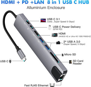 Eonline <span class=keywords><strong>USB</strong></span> C HUB 8 trong 1 loại C 3.1 đến 4K HD <span class=keywords><strong>Adapter</strong></span> RJ45 SD/TF Đầu Đọc Thẻ PD nhanh 3USB Dock cho MacBook Pro - Product Image 2