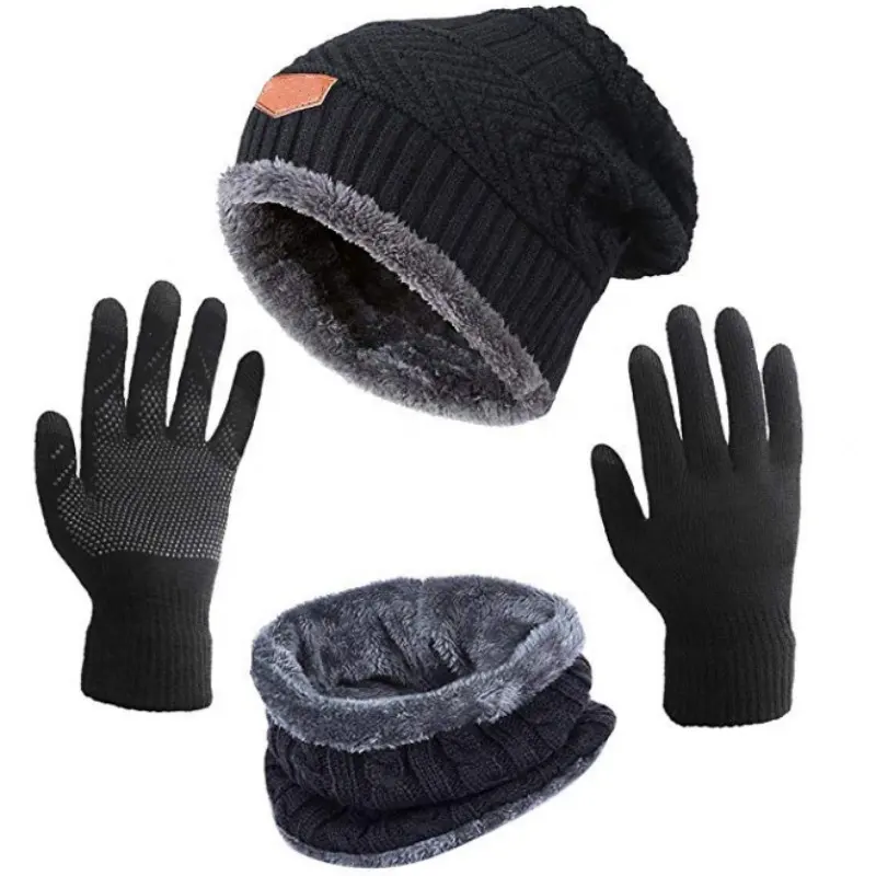 Gorro con forro interior de lana supersuave para hombre y niño, conjunto de guantes y bufanda con pantalla táctil para invierno