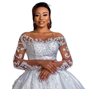 Abito da Sposa di Lusso Trasparente con Scollo a O, Maniche Lunghe Africane, Applicazioni di Perline, Bottoni sul Retro, Vestito da Sposa a Linea A, Vestido De Novia - Product Image 5