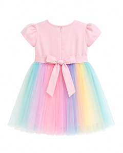 Adorable Vestido de Unicornio para Niñas con Apliques Florales 3D Coloridos, Cinturón Brillante y Falda de Tul Pastel Arcoíris - Product Image 1