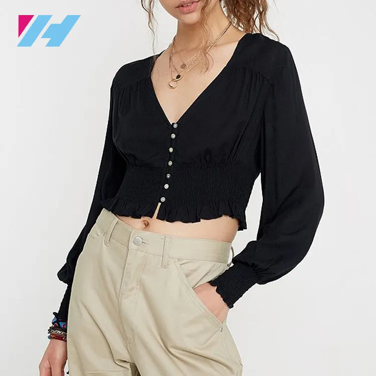 Vrouwen Kleding Casual Tops Zwart Gesmokte Lange Mouwen dame Blouse & Shirt