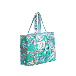 Floral Panelled Canvas Tote <b>Bag</b> Bohemian Open Top Summer Shopping <b>Bag</b> Green White Blue - Product Image 1