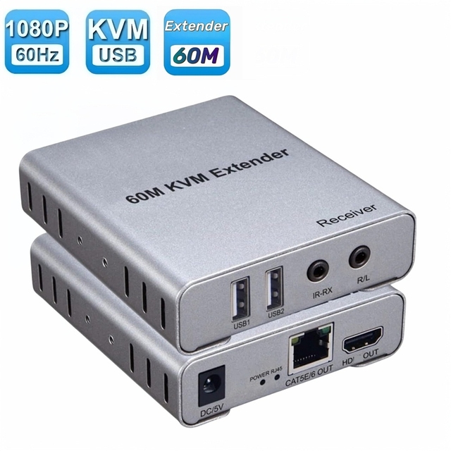 60M USB KVM HDMI Extender 1080P Over CAT5e Cat6 RJ45 Ethernet Cable Audio Video Transmitter Receiver Signal Extension Converter