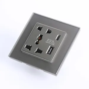 86MM Type UK Standard 5 Pin+USB+Type-C Socket Grey Color Smart Hotel 4MM Thick Glass Socket