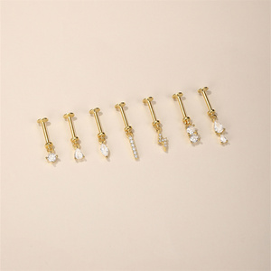 Clous de piercing en argent massif S925 de 6 mm, gouttes d'eau marquise, avec breloque éclair en zircon cubique 5A, à visser, dos plat - Product Image 2