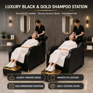 Unité de lavage de <span class=keywords><strong>cheveux</strong></span> professionnelle de luxe <span class=keywords><strong>pour</strong></span> salon de coiffure, fauteuil de lavage inclinable avec pieds dorés et repose-pieds doré indépendant - Product Image 3
