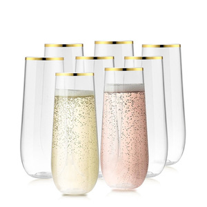 Vente en gros DD1049 Verres à vin sans pied en plastique incassable pour fêtes et mariages, avec bord doré, pour cocktails et champagne - Product Image 2