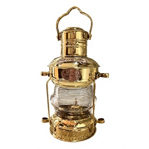 Lampe à ancre nautique vintage en laiton, lanterne de bateau cylindrique faite à la main avec couvercle gaufré, lampe à huile décorative autoportante pour Noël - Product Image 1
