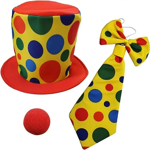 Kostum badut lucu dengan Dot badut, topi pita kupu-kupu dan hidung merah untuk pesta Cosplay karnaval