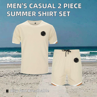 Setelan Pria 2 Potong Bahan Rajut Polyester/Katun Bernapas, Kemeja Kancing Lengan Pendek Kasual, Jahitan Tanpa Sambungan, Cocok untuk Pantai dan Musim Panas