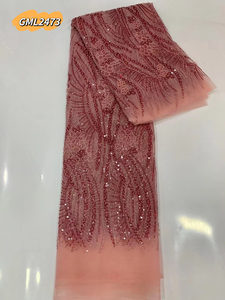 Violet <span class=keywords><strong>pas</strong></span> <span class=keywords><strong>cher</strong></span> fête de mariage nigérian broderie africaine Aso Ebi Sequin dentelle tissu 5 mètres - Product Image 6
