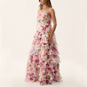 Personnalisé Sans Bretelles Fermeture Éclair Arrière <span class=keywords><strong>Horizontale</strong></span> Gaze Volants Tout au long Confortable Élégant Chic Armure Maxi Robe Décontractée - Product Image 3