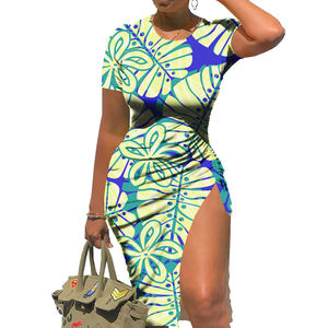 <span class=keywords><strong>Robe</strong></span> midi moulante <span class=keywords><strong>noire</strong></span> et blanche à imprimé tribal polynésien pour femme, manches courtes, fente latérale, froncée, vente en gros - Product Image 5