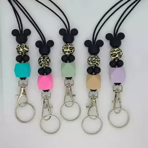 Minnie Head Shape Mouse Leopard Print Silicone Beaded Lanyard Keychain,Teacher Lanyard With Id Card Badge Holder