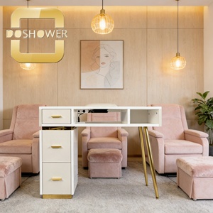 Clous de fixation pour meubles, vente en gros d'équipements de mobilier sur mesure pour salons de beauté, table de manucure avec plateau en marbre blanc/doré, station UV pour ongles - Product Image 1