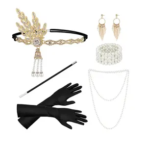 ecoparty 1920s Women Vintage Gatsby Feather Headband Flapper Costume Accessories Set Cigarette Holder Pearl Necklace Earring set