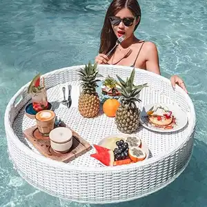 Custom Hotel Round Rattan Brunch Floating Breakfast Tray For Swimming Pool Floating Pool Tray For Food And Drinks Serving Trays