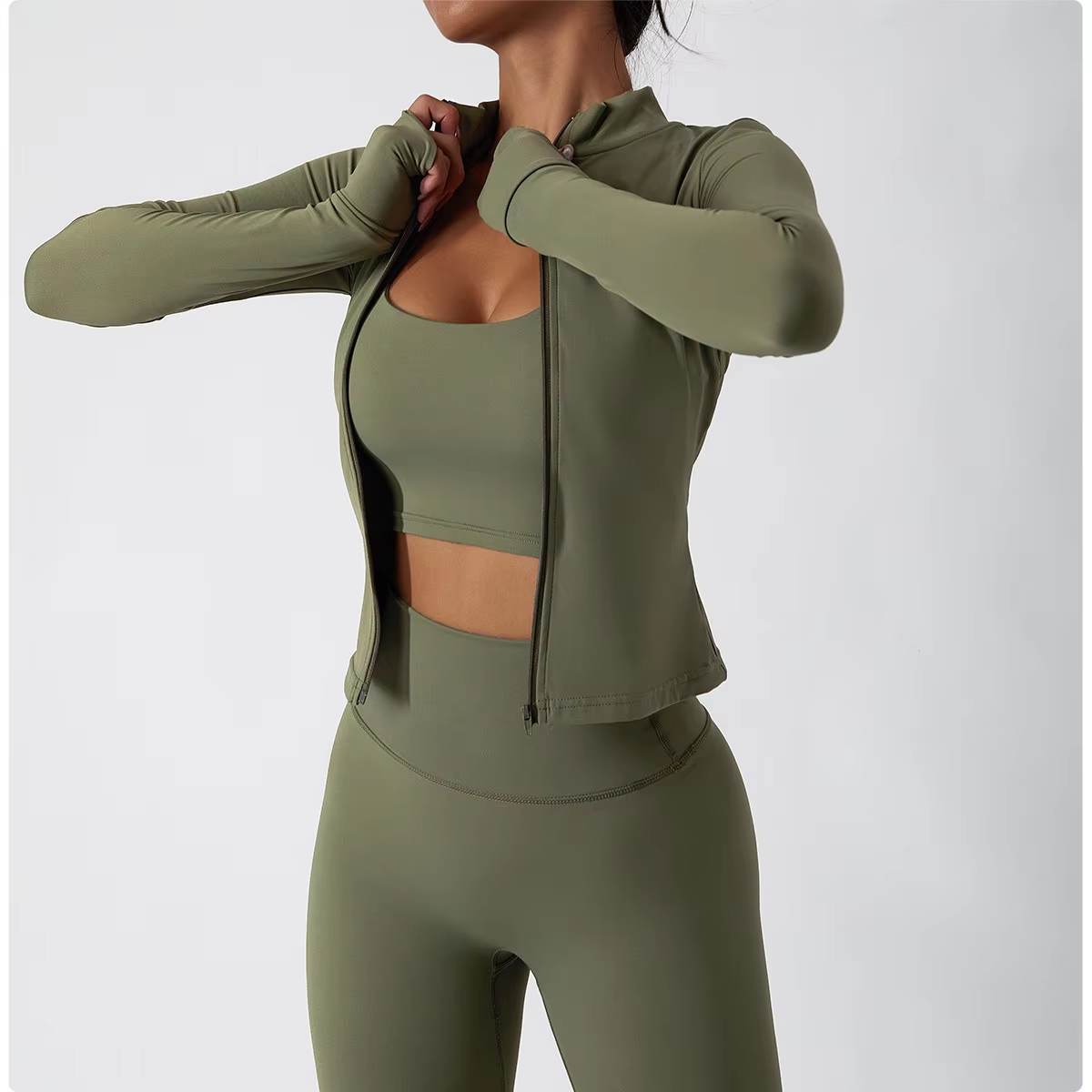 Women's High-Waisted Jacket Seamless Sportswear Shock-Proof Bra Leggings Custom Logo Soft Long Sleeve Solid Yoga Set Yoga
