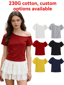 Nouveau T-<span class=keywords><strong>shirt</strong></span> court pour <span class=keywords><strong>femme</strong></span> 230g, doux et sensuel, à épaules dénudées et découpes aux épaules, coupe ajustée, extensible, sexy, personnalisable, idéal pour l'été - Product Image 1