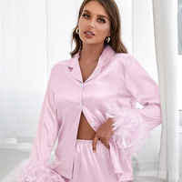 Mode haute qualité confort à manches longues plumes pyjamas doux lisse ensembles femme solide ample salon porter