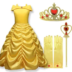 Traje cosplay de princesa, vestido de princesa para meninas; vestidos para a beleza e a fera; roupas de festa para crianças; traje mágico