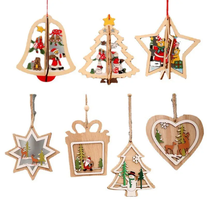 2022 Hot Sale Wooden Hanging Crafts 3D Wooden Star Snowman Snowflake Christmas Ornaments Pendant for Christmas Tree Decoration