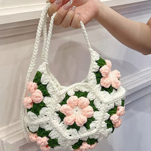 Venta Directa de Fábrica, Bolsos Tejidos a Crochet Hechos a Mano, Bolsos Cruzados de Algodón Modernos, Bordado de Dibujos Animados <span class=keywords><strong>Mediano</strong></span>, Floral, Ligero - Product Image 5