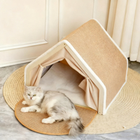 Grande tente pour chat, confortable, élégante, classique, anti-basculement, résistante aux rayures, structure en bois, surface en sisal, pour plusieurs chats