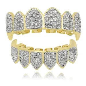 Halloween's Gift Hip Hops Real Gold Plated Teeth Grillz Iced Out Cz Top Bottom Vampire Fang Teeth Grills For Party