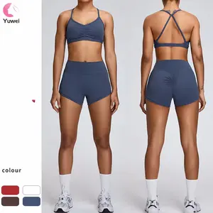 Workout Sets For Women 2 Piece Sport Wear Crossover Scrunch HIgh Waist Booty Shorts And Sports Bras Gym Yoga Sets