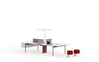 Postes de travail modulaires pour 4 personnes, bureau fixe avec bras pour moniteur et éclairage suspendu