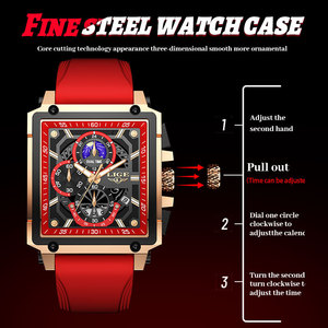 Reloj de Cuarzo de Lujo para Hombre LIGE LG8986, Esfera Cuadrada Roja, Gran Esfera, Resistente al Agua, Cronógrafo Luminoso, Correa de Silicona Deportiva de 22 mm, Analógico - Product Image 5