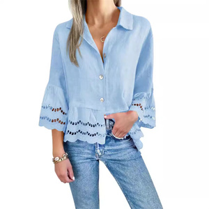 Chemisier décontracté printemps-été pour femme, ample, uni, tissé, avec grandes manches évasées en dentelle et découpes - Product Image 3