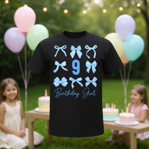 Camiseta para niña de 9 años con lazo azul y estética de cumpleaños - Product Image 3