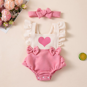 Friendly <b>Baby</b> Girl Ruffle Romper With <b>Headband</b> Heart Print Outfit for Toddler Daily Party Wear - Product Image 6