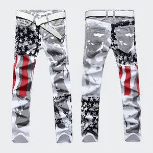 New 2022 Men's white American flag printed jeans high stretch slender Star men's oversized pants jeans pants for men
