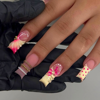 Ongles en plastique longs et carrés, couvrants, rose vif dégradé, papillon, à presser, avec colle, lot de 10 pièces, réutilisables, acryliques, tendance Y2K