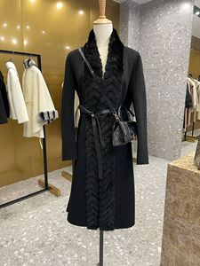Luxury 90 Wool 10 Cashmere Double Faced Long <strong>Coat</strong> <strong>Women</strong> Faux <strong>Fur</strong> Placket Belted Long Maxi Winter Overcoat Certified Factory - Product Image 4