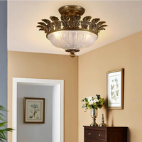 VH Rétro nouveau design décoration de la maison tout en cuivre sculpté lampe semi-d'aspiration, couloir chambre abat-jour en verre plafonnier
