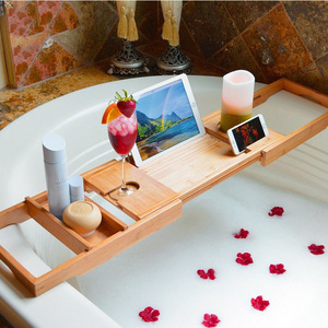 2021 Wholesales Extending Sides Bath Table Adjustable Caddy Tray Bamboo Adjustable Bathtub Tray