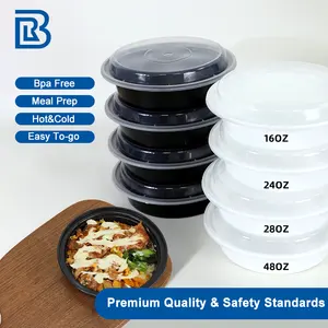1400ml 48oz hitam bulat pp plastik mangkuk persiapan makanan untuk makanan sekali pakai mangkuk plastik dengan tutup microwave kemasan mangkuk
