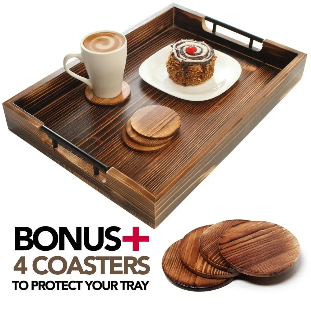 Large Wooden Serving Tray with Metal Handles Includes Set of 4 Coasters This 20x14 Ottoman Tray Known as Coffee Table Tray