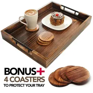 बड़े लकड़ी सेवारत ट्रे के साथ धातु संभालती शामिल सेट की 4 Coasters इस 20x14 तुर्क ट्रे के रूप में जाना जाता कॉफी टेबल ट्रे
