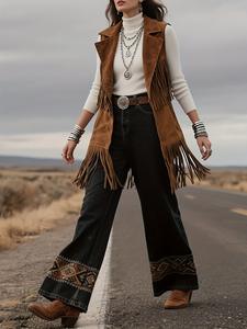 Vestes en daim pour femmes printemps & automne Couleur unie Bordure à franges <span class=keywords><strong>Mi</strong></span>-<span class=keywords><strong>longue</strong></span> Rétro Western Cowgirl <span class=keywords><strong>Sans</strong></span> manches Décontractées - Product Image 2