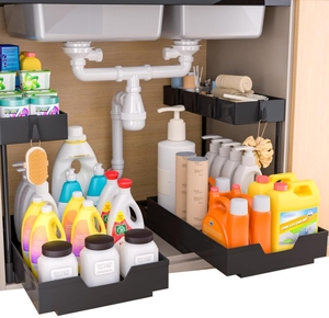 Organizador para debajo del fregadero, 2 niveles, deslizante, en forma de L, para <span class=keywords><strong>cocina</strong></span>, baño, armario, <span class=keywords><strong>organizadores</strong></span> y almacenamiento con gancho - Product Image 2