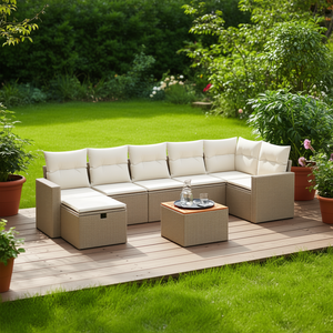 Conjunto de sofá modular de ratán color crema para jardín, muebles de exterior beige con almacenamiento y mesa de centro - Product Image 2