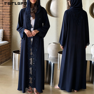 Women Navy <b>Blue</b> Ribbed Knit Abaya White Lace Trim Crew Neck Long Sleeve Modest Muslim Casual Daily Wear Maxi Dres - Product Image 5