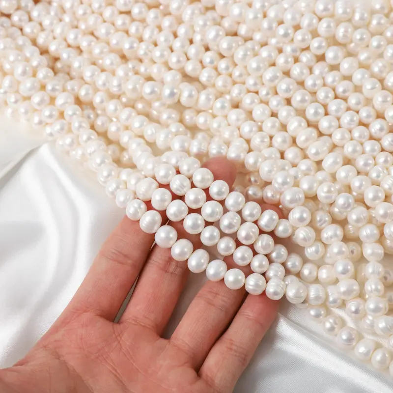 Perle d'eau douce naturelle blanche 8-9mm fil oeuf rond brin perles en vrac fabrication de bijoux en gros